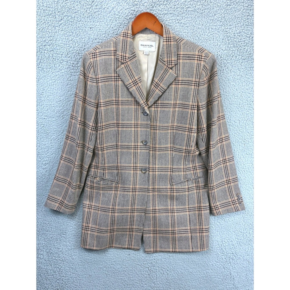 Emanuel Ungaro Plaid Blazer Jacket Womens 14 Brown Houndstooth Tailored Preppy